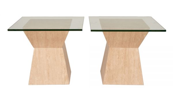 Vintage Glass Topped Travertine Coffee Tables c.1980